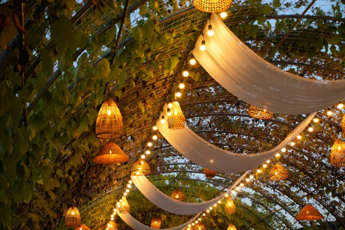 a bunch of lights that are hanging from a ceiling